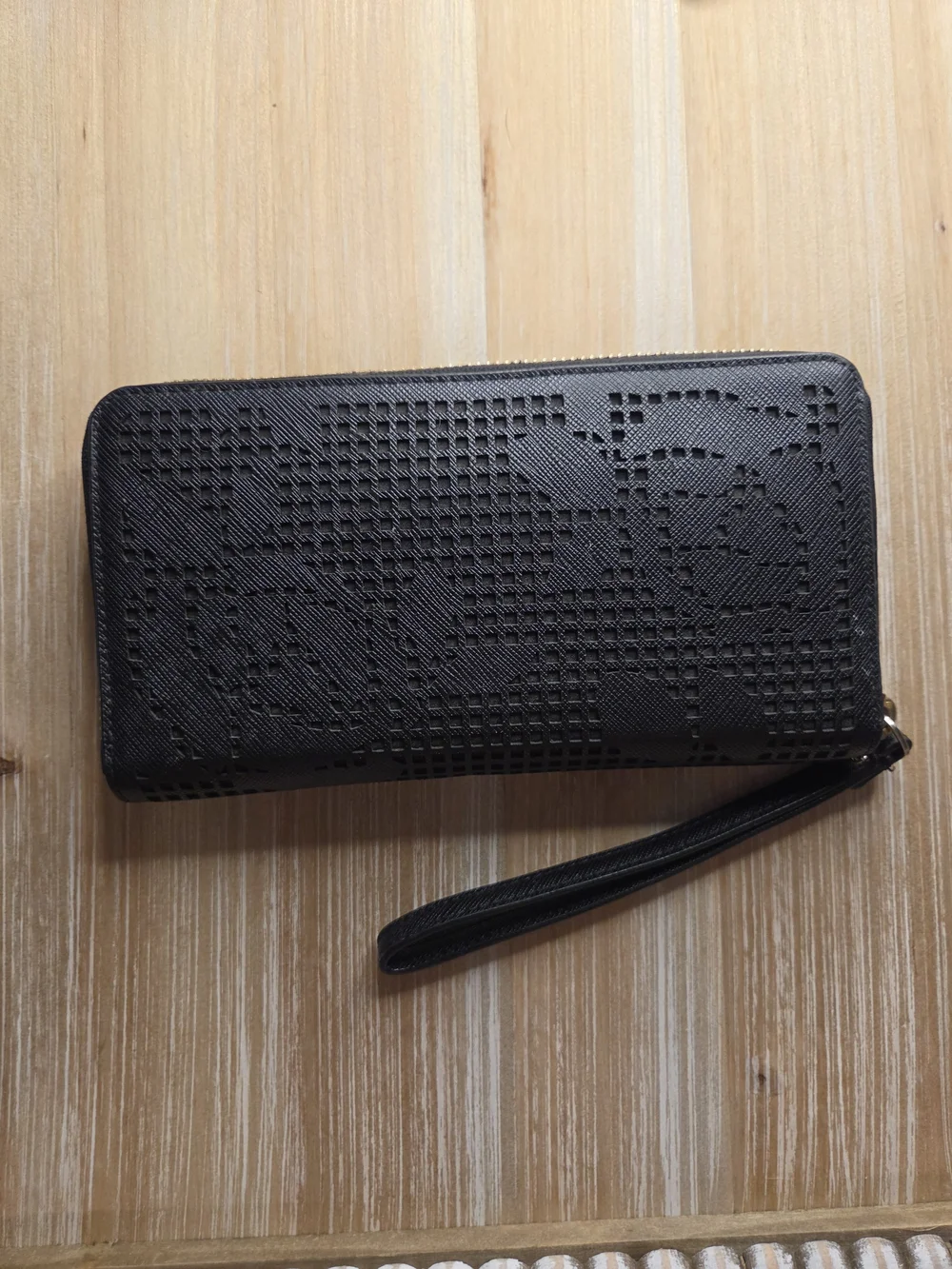 kate spade Black Perforated Leather Zip-Around Wristlet Wallet